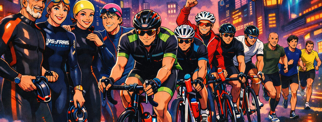 Atleter i våddragt, på cykel og i løbesko.