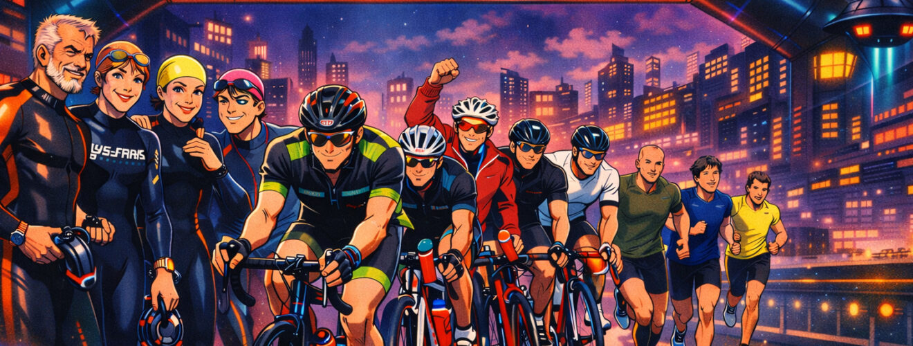 Neon-atleter i våddragt, på cykel og i løbesko under målportal