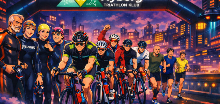 Neon-atleter i våddragt, på cykel og i løbesko under målportal